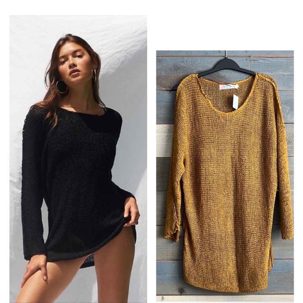 Free People Beach Naomi Tunic Mesh Sweater Long Sleeves M Gold